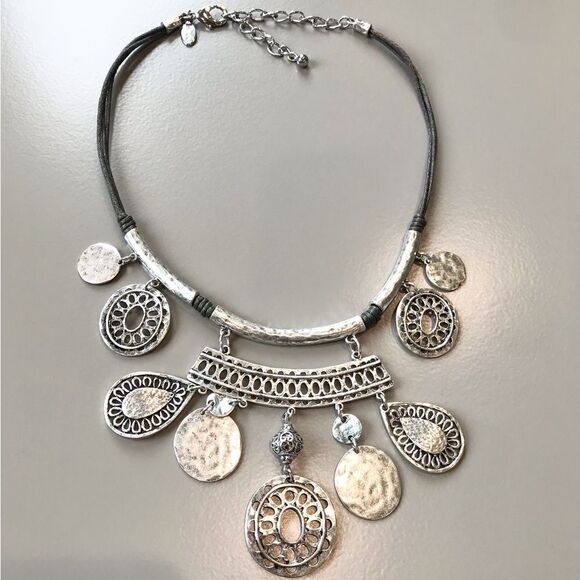Chico’s Silver Tone Metallic Pendant Statement Tribal Boho Ethnic Cord Necklace - Picture 6 of 11